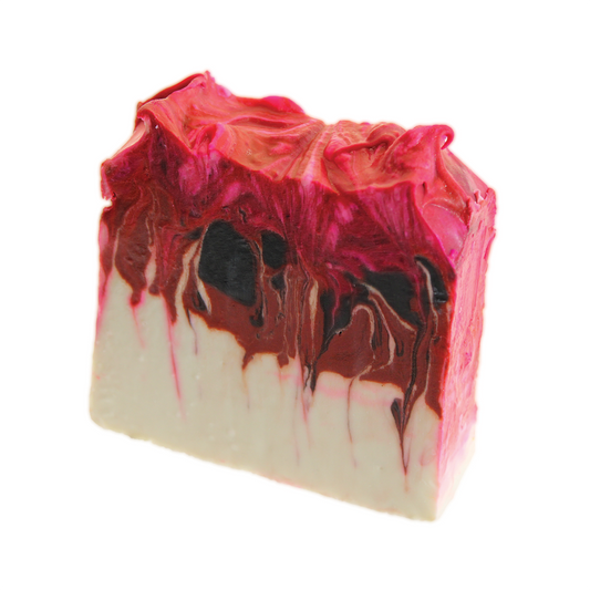 A Pink Noir Soap made by ajp-test with red and white swirls, available for purchase using keywords.